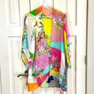 Johnny Was Ember Colorblock 100% Silk Short Kimono Coverup size M
